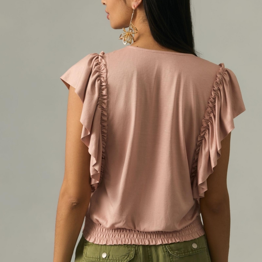 Anthropologie Blush Pink Ruffle-Sleeve Wrap Top - Picture 2 of 9